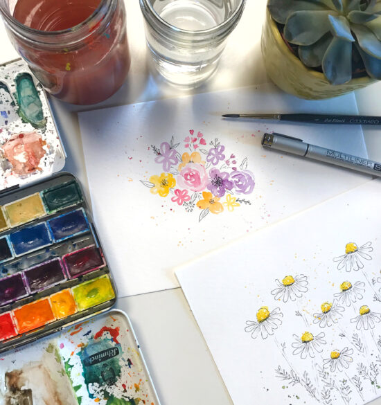 Floral Illustration, Fineliner plus Watercolor Botanicals, Watercolor Workshop im Kunstpark Herne, Watercolor Workshop Ruhrgebiet, Aquarell Workshop für Anfänger, Blumen und Sukkulenten Watercolor, Gelbkariert